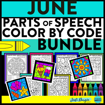 Preview of JUNE color by code spring parts of speech grammar activity worksheet