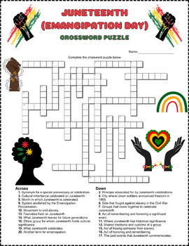 Preview of JUNETEENTH (EMANCIPATION DAY) Crossword Puzzle Activity Worksheet Game Color-B/W