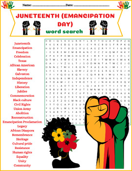 Preview of JUNETEENTH (EMANCIPATION DAY) Word Search Puzzle Activity Worksheet Game No Prep
