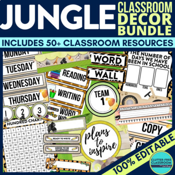 Preview of JUNGLE Classroom Decor Bundle SAFARI Theme African Animals Wild About Learning