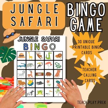 Preview of JUNGLE SAFARI THEME Bingo Game Printable. 30 Unique Cards and Teacher Cards