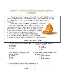 Preview of Jack-O'-Lantern Reading Comprehension Passage and Questions