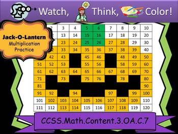 Preview of Jack-o-Lantern Multiplication Practice - Watch, Think, Color! CCSS.3.OA.C.7