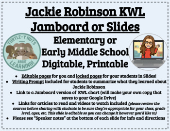 Preview of Jackie Robinson KWL Chart (Google Slides, Jamboard), Printable, Sources Provided