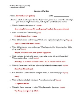 Jacques Cartier Article (Reading Level 2) Comprehension Worksheet