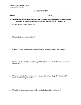 Preview of Jacques Cartier Article (Reading Level 2) Comprehension Worksheet