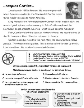 Jacques Cartier Close Reading Passage and Questions by Southern ...
