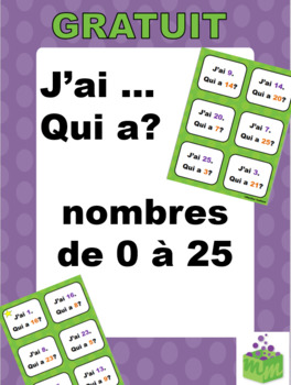 Preview of Nombres de 0 à 25 jeu mathématiques J'ai... Qui a? FRENCH