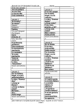 Preview of Jalen Waltman's Complete Spanish Lesson Plans 1A 2017 Vocab List for Students