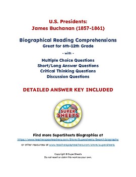 Preview of James Buchanan Biography: Reading Comprehension & Questions w/ Answer Key