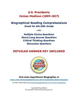 Preview of James Madison Biography: Reading Comprehension & Questions w/ Answer Key