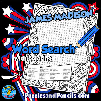 Preview of James Madison Word Search Puzzle with Coloring | Founding Fathers Wordsearch
