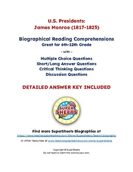 Preview of James Monroe Biography: Reading Comprehension & Questions w/ Answer Key