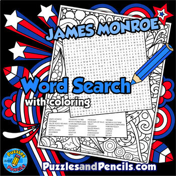 Preview of James Monroe Word Search Puzzle with Coloring | Founding Fathers Wordsearch