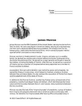 Preview of James Monroe Worksheet