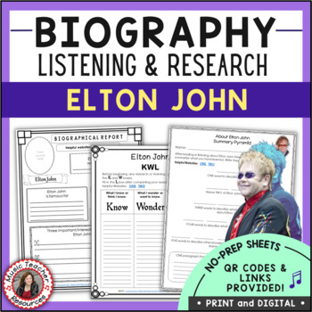 Preview of Musician Worksheets - ELTON JOHN Biography Research and Listening Activities