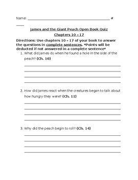 James and the Giant Peach Section 2 Quiz by Anne Carpenter | TPT