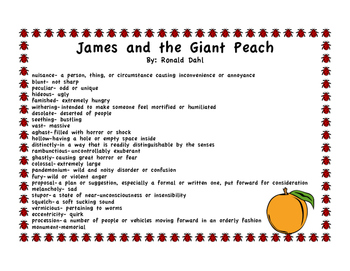 James And The Giant Peach Vocabulary And Worksheet By The Catholic Teacher