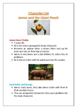 Preview of James and the Giant Peach -character list and characteristics