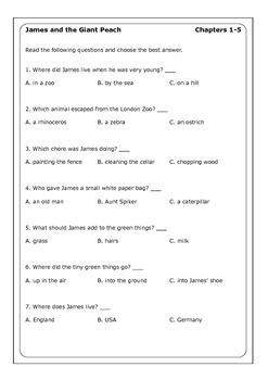 Roald Dahl James And The Giant Peach Worksheets By Peter D Tpt