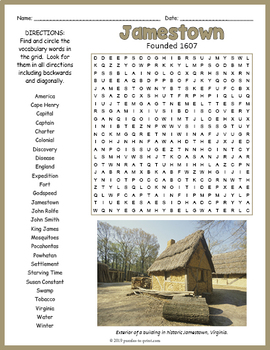 Colonial Virginia Activity - Jamestown Word Search FUN by Puzzles to Print