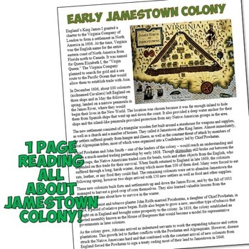 Jamestown Colony Reading, Worksheet, and Interactive Notebook | TpT