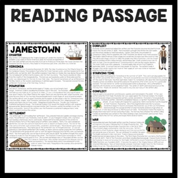 Jamestown Colony of Virginia Reading Comprehension Worksheet Colonial