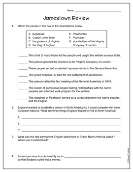 Jamestown Study Guide and Review Worksheet (VS.3) by Alyssa Teaches