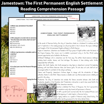 Preview of Jamestown: The First Permanent English Settlement Reading Comprehension Passage