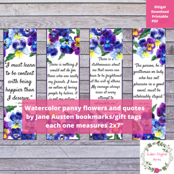 Preview of Jane Austen Quotes Bookmarks English Novel Literature Appreciation Pansy Flowers
