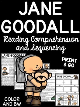Preview of Jane Goodall Biography Reading Comprehension Worksheet and Sequencing
