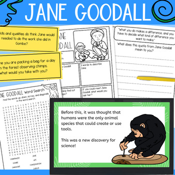 Preview of Jane Goodall PowerPoint Google Slides presentation worksheets lesson activities