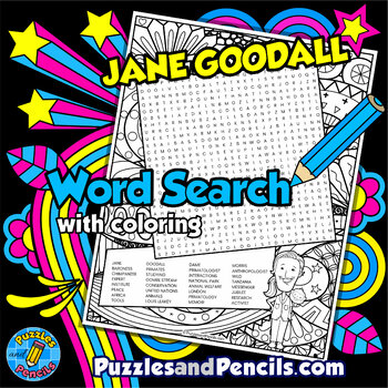 Preview of Jane Goodall Word Search Puzzle with Coloring | Women's History Month Wordsearch