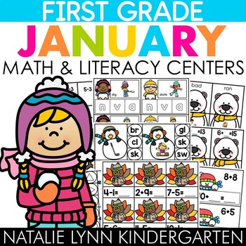 Preview of January 1st Grade Centers Low Prep Winter Math and Literacy Centers First Grade
