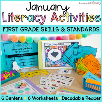 Preview of January 1st Grade Science of Reading Literacy Centers, Winter Worksheets, & Book