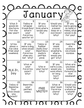 January 2016 Writing Prompts Calendar Grades K-3 by Team Beach Teach