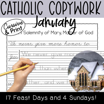 Preview of January 2024 Catholic Copywork Bundle: Cursive & Printing | Saints and Gospels