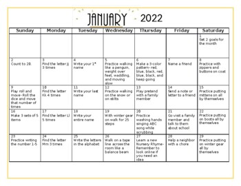 Preview of January 2022 Family Activity Calendar based on Creative Curriculum Gold
