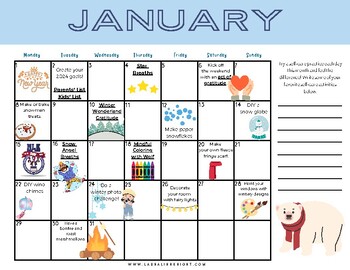 January 2024 Kids’ Self-Care and Winter Family Fun Calendar by Laura Knight