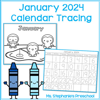 Preview of January 2024 Tracing and Coloring Calendar
