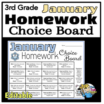 Preview of January 3rd Grade Homework Choice Board - Engaging Daily Activities