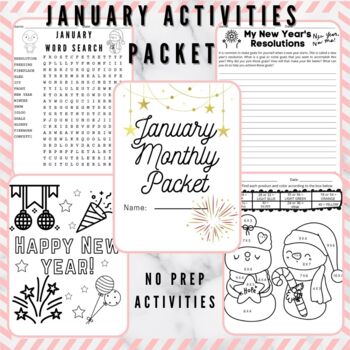 Preview of January Activities Packet - Writing, Math, Word Search, Coloring Page, and More!