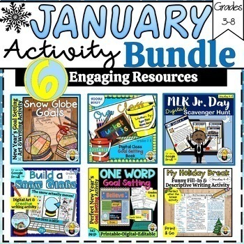 Preview of January Activity Bundle: Goal Setting, Classbook, Build a Snow Globe, MLK Jr.
