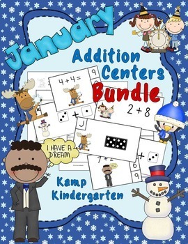 Preview of January Addition Facts within 10 Math Centers BUNDLE