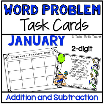 Preview of January Addition & Subtraction 2-Digit Winter Word Problem Task Cards