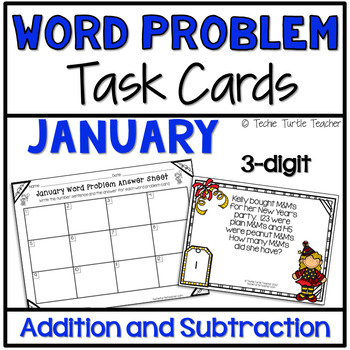 Preview of January Addition & Subtraction 3-Digit Winter Word Problem Task Cards