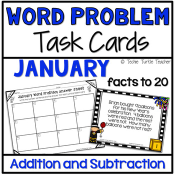 Preview of January Addition & Subtraction Facts within 20 Winter Word Problem Task Cards