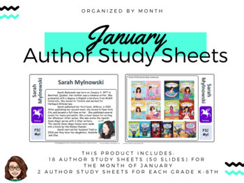 Preview of January Author Study Sheets - Shelf Markers, PPT slides, Monthly Display