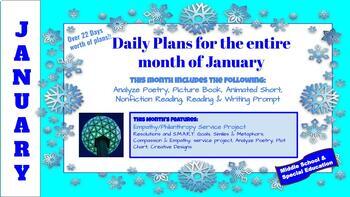 Preview of Literacy BUNDLE (January) ONE month of plans!! 6th-8th, Rdg/Wtg, New Year)