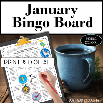 Preview of January Bingo Board Choice Board Bell Ringers Warm Ups Print and Digital